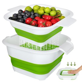 Collapsible Colander Set with Strainer Bowl, 2 in 1 Fruit Washing Basket with Strainer, 5 + 3 QT Plastic Colanders for Kitchen, Foldable Double Layered Colander Bowl for Berry, Vegetable, Green
