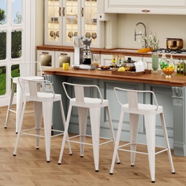 ALISH 30 Inch Bar Stools Set of 4, Industrial Metal Barstools Farmhouse Bar Chairs with Large Seat for Kitchen Island (30 Inch, White)