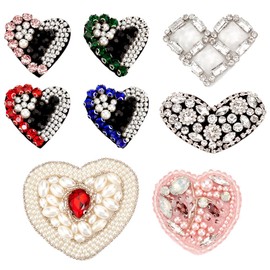 INFUNLY 8PCS Colorful Heart Bead Patches Sew On Love Rhinestone Beaded Patches White Pearl Heart Fabric Applique Crystal Heart Patches for Jeans Jackets Clothing Handbag Shoes DIY Decorative