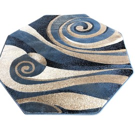 Nikos Sculpture Modern Octagon Contemporary Area Rug Blue Black Beige Ivory Abstract Design 258 (5 Feet 6 Inch X 5 Feet 6 Inch)