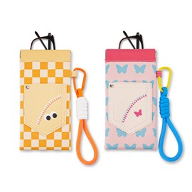 MSLSOZ 2Pcs Leather Glasses Cases with Straps, Soft PU Sunglasses Pouch with Cleaning Cloth, Cute Portable Squeeze Glasses Bags for Women, Girls, Boys (Pink Butterfly & Yellow Checkered Pattern)