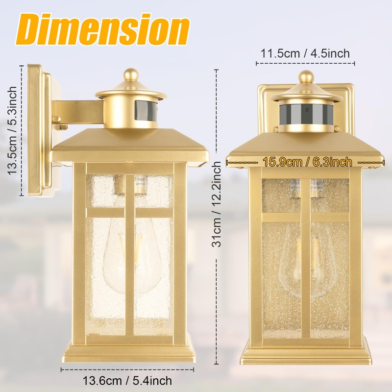 2-Pack Gold Exterior Motion Wall Sconces, Outdoor Waterproof Wall Light