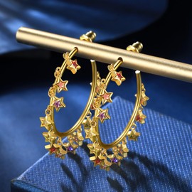 SEIHOP Pentagram Colored Zircon Geometric tassel Stud Earrings 18K Gold Plated Round Hoop with Colorful Zirconia Jewelry for Women and Girls KE0121Y