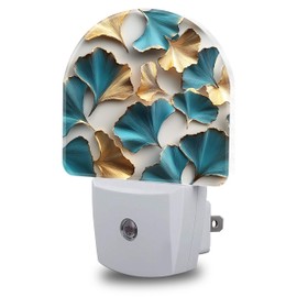 FOISIIAEA Night Light, Turquoise and Gold Ginkgo Leaves Night Lights Plug into Wall Dusk to Dawn Sensor Round Nightlight for Women Men Energy Efficient Led Lamp 0.5W for Stairway Hallway Bedroom