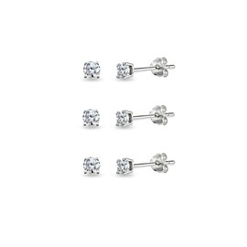3-Pair Set Sterling Silver Cubic Zirconia 4mm Small Round Stud Earrings