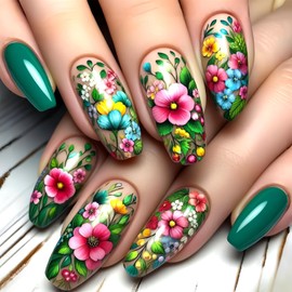 LWTZLW Flowers Press on Nails Green Medium Square False Nails Summer Floral Full Cover Glue ons Nails Short Coffin Acrylic Fake Nail Glossy Artificial Color Nails Reusable for Women