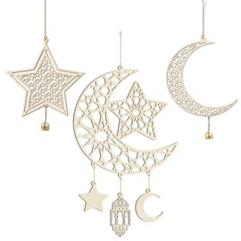 3 Pcs Eid Mubarak Wooden Hanging Signs, Ramadan Kareem Moon and Star Decorations Hollow Wood Wall Decor for Islamic Muslim Home Party Indoor Door Ornaments