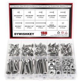 DYWISHKEY 156 Pieces #10-24 x 5/16", 3/8", 1/2", 5/8", 3/4", 1", 1-1/4", 1-1/2" Countersunk Head Socket Cap Screws Nuts Washers Assortment Kit, 10-24 Screw Kit, 304 Stainless Steel