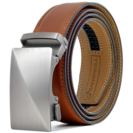 (Not Made In China) Men's Leather Ratchet Belt, Adjustable and Customizable Fit, Gift Packaging (Brushed Metal Tan, 36 to 42)
