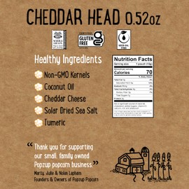 Popzup Popcorn - Popped & Seasoned by Hand with Pure and Simple Ingredients, Gluten Free and non-GMO (12 Cheddar Head 70 Calorie Bags)