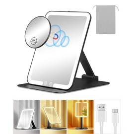 Gospire - Espejo de maquillaje recargable de viaje con luces y aumento 10X, soporte plegable y luz con sensor de ángulo, 3 colores de luz y atenuación continua, espejo iluminado LED de cambiador - negro