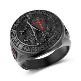 HZMAN Knights Templar Put On The Whole Armor of God Ephesians 6:13-17 Red Cross Design Men's Stainless Steel Ring, 7, Metal, No Gemstone