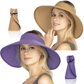 Women Sun Visors Foldable Straw Hats Purple Summer Beach Packable Hat Floppy Wide Brim Cap Deep Style, Adjustable Size