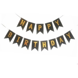 Happy Birthday Banner Black and Gold Bunting Birthday Decorations for Men Boys Women Girls Birthday Sign with Shimmering Gold Foil Letters Party Supplies