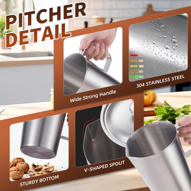 YOKUGO Stainless Steel Pitcher with Lid 2L, 70 oz Metal