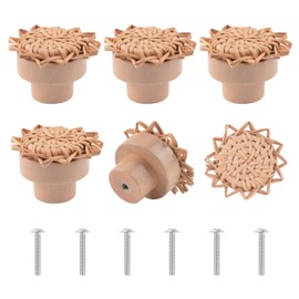 MOROBOR Boho Rattan Dresser Knobs, 6PCS Sunflower Shaped Wood Drawer Knobs Handmade Wicker Woven Drawer Knobs with Screws for Cabinets Wardrobe Drawer