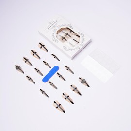 Goth Press on Nails Stiletto Fake Nails with 3D Cross Designs 24 Pcs Natural Reusable Long Almond Acrylic Nail Full Cover Stick on Nail for Women WYFHDT