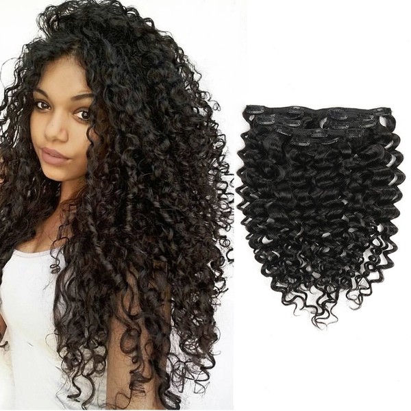 Clip in Human Hair Extensions Afro Jerry Curly 3B 3C Real Hair Clip in Extensions For Black Women Natural Black Color 100% Brazilian African American Hair Extension (14 Inch, Jerry Curly #1B)