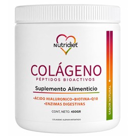 NUTRIDIET Peptidos Bioactivos de Colageno Hidrolizado, + Ácido Hialurónico +Biotina, Vitamina C +Coenzima Q10 + Enzimas Digestivas | para Piel, Cabello y Uñas 450 gr | Sin sabor, Sin azcucar, Sin edulcorantes, Alta pureza y absorcion, Calidad Premium.
