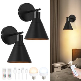 HOJOYRI Modern Wireless Battery Operated Wall Sconces, Black Rechargeable Cordless LED Wall Lights Set of Two, Dimmable Battery Powered Wall Decor Lamp Fixture with Remote Control for Bedroom Indoor