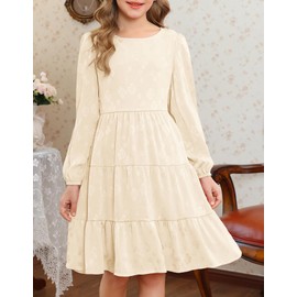 YOVION Lace Flower Girls Dress Lantern Long Sleeve Flared A-Line Wedding Dresses with Pockets for 12-13 Years Apricot
