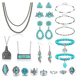 Finrezio Western Jewelry for Women Navajo Pearl Necklace Beaded Choker Necklace Turquoise Pendant Necklace Stretchy Bracelet Turquoise Dangle Earrings Western Knuckle Rings Bohemian Turquoise Jewelry Set