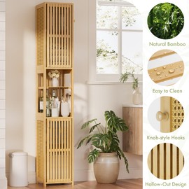 Amazer 70'' Tall Bathroom Storage Cabinet Bamboo, Slim Storage Cabinet with Rattan Door and Adjustable Shelves, Narrow Freestanding Organizer for Living Room, Kitchen, Natural Color