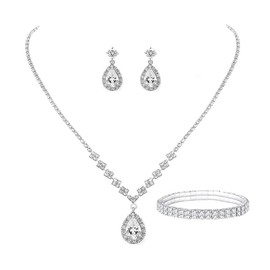 TOEECY Bridal Wedding Jewellery Set for Women Rhinestone Crystal Necklace Bracelet and Teardrop Dangle Earrings Set Gifts for Women Bridesmaid Costume Dress Wedding （#8）