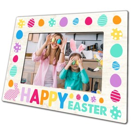 IKFRGN Happy Easter Picture Frame For 4X6 Photos - Wood Color Wooden Photoframe With Stand - Eggs And Cute Bunny Theme Display Frame For Kids Teens Easter Home Desk Decorations & Supplies - B02