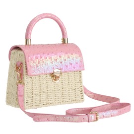 TaiGuri Women's Handmade Straw Bag Rattan Purse Woven Handbag Summer Beach Tote Ostrich Vegan Leather Shouler Bag (Pink)