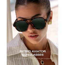 Fozono Retro Aviator Sunglasses Women UV Protection Trendy Vintage Square Aviators Double Bridge Sun Glasses Tortoise Frame/Dark Green Lens