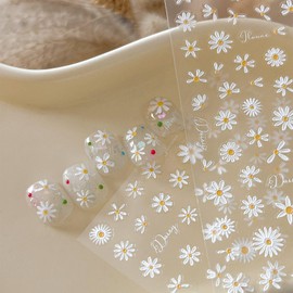 White Daisy Nail Art Stickers 5D Embossed Nail Decals Cute Daisy Floral Nail Design Adhesive Sliders Spring Summer Flower Relief Nail Art Supplies for Women and Girls DIY Nail Decorations 1PCS