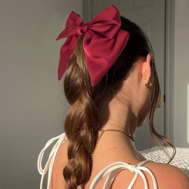 Bmobuo 2pcs Hair Bows for Women Girls Red Hair Bow Black Hair Bow Silky Bows Large Hair Bows Elegant Hair Clips for Women