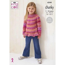 King Cole Chunky Knitting Pattern Girls Knit in The Round Sweaters (6244)