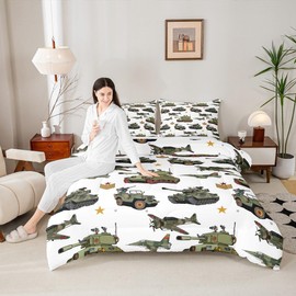 Manfei War Theme Comforter Set Full Size, Aircraft Tanks Bedding Set 3pcs for Kids Boys Bedroom Decor, Retro Army Green Airplane Tanks Down Comforter Soft Polyester Quilt Set with 2 Pillowcases