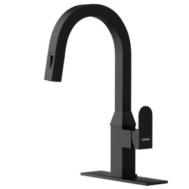 Black Square Kitchen Faucet – Modern Pull-Down Sprayer with 2-Mode Kitchen Sink Faucet, 360° Swivel Fits Bar/RV Sinks, SUS 304 Stainless Steel with Square Deck Plate