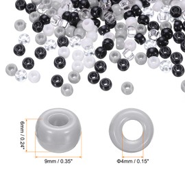 HARFINGTON 1000Pcs Pony Beads 6x9mm 4 Assorted Colors Acrylic Bulk Plastic Barrel Bead White Gray Clear Black for Necklace Key Chain Jewelry Making