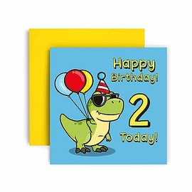 Huxters 2nd Birthday Card – Dinosaur Birthday Cards for Boys – T Rex Dinosaur Happy Birthday Card – Birthday Card for Son or Daughter Brother Sister Friend Birthday Card Envelope (2nd)