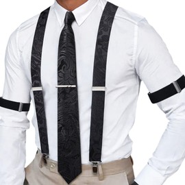 Barry.Wang Black Suspenders for Men Paisley X Type Necktie Armbands Tie Clip Set Formal Gatsby Costume Wedding Party Prom