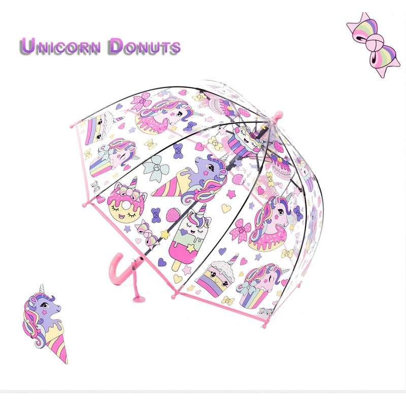 MRTLLOA Kids Pink Unicorn Clear Bubble Umbrella, Toddler Grip Curved