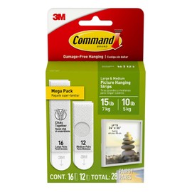 Command - Tiras para colgar cuadros, tamaño mediano y grande, sin daños, para colgar fotos, sin herramientas, tiras para colgar en la pared para espacios de vida, blanco, 12 pares medianos y 16 pares