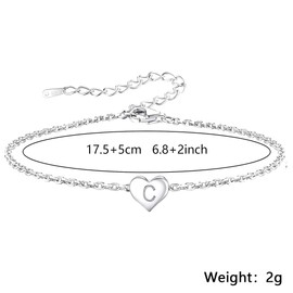 Funny S925 Silver 26 Letter Initial A-Z Heart Pendant Bracelet Gift For Daughter Sisters Friends Mum Birthday Christmas Adjustable Jewellery (C)