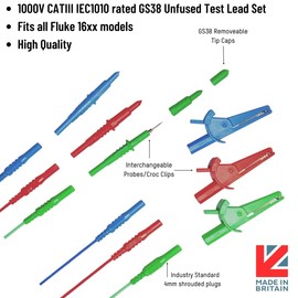 UNFUSED GS38 3 WIRE TEST LEADS - SUITABLE FOR ALL FLUKE 1651, 1652, 1653, 1654, 1662, 1663 & 1664FC MULTIFUNCTION TESTER - RED, BLUE & GREEN