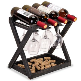 WDSHIYI Rustic Wood Wine Rack for 4 Bottles and 6 Stemware Glass Holder- Countertop Wine Racks with Glass Holder, Home, Kitchen, Dining Room Bar Décor Vintage Black