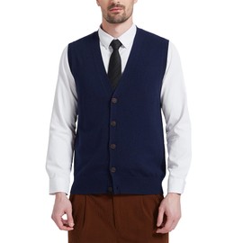 Kallspin Men's Knitted Cardigan Sleeveless V-Neck Wool Blend, navy