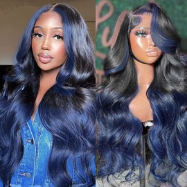 Colorful Bird Ombre Blue Lace Front Wigs Human Hair Body Wave 13x4 Skunk Stripe Royal Blue Lace Front Wigs 150% 1B/blue Ombre Highlight Wig Pre Plucked with Baby Hair 22 Inch