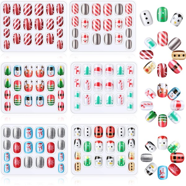 120 Pieces Girls Print Nails Fake Nails Artificial Nail Tips for Children Full Cover Short False Nails for Girls Children Nail Art Decoration (Christmas)