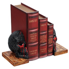 Skull Book Ends Gothic, Lifesize Human, Heavy-Duty Bookends, Skeleton Decorations, Bookends for Shelves, Heavy Books, Black Skull Design Bookend 7x5.1x6.3, Spooky Decor, Holiday - Bloody Black & Red
