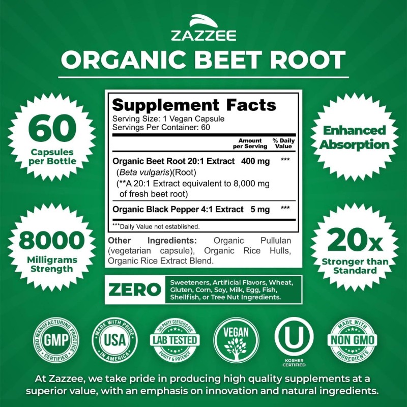 Zazzee USDA Organic Beet Root 8000 mg Strength 20:1 Extract,