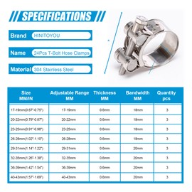 T-Bolt Hose Clamps 24Pcs Fuel Line Clamps Working Range 17-43mm 304 Stainless Steel Heavy Duty Hose Clamps Intercooler Pipe Clamp with Two L-Wrenchs